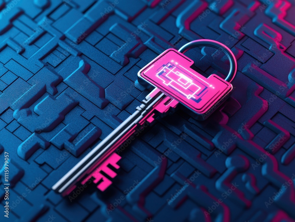 Aufkleber a futuristic digital key on a neon-patterned surface symbolizing cybersecurity and technology advanc