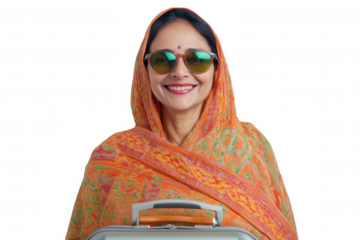 A woman is dressed in vibrant traditional clothing and stylish sunglasses. She stands confidently with a suitcase, ready for travel. Her joyful expression reflects excitement for her journey ahead.