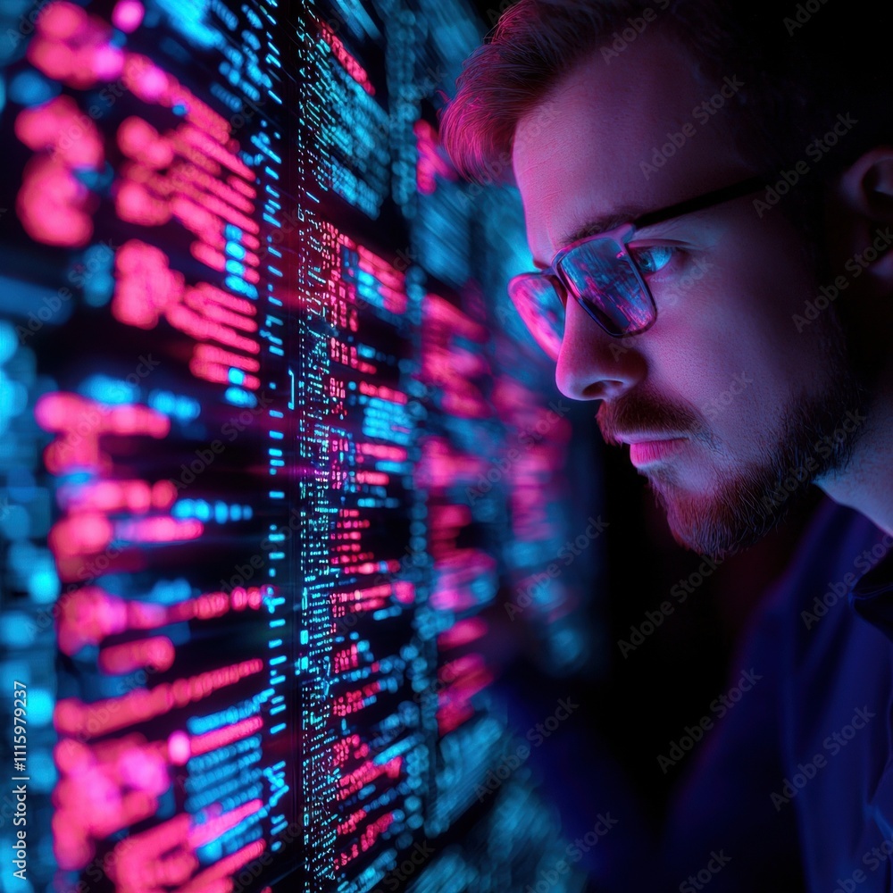 Poster a focused individual analyzes glowing data patterns on a digital screen, illuminated by vibrant blue