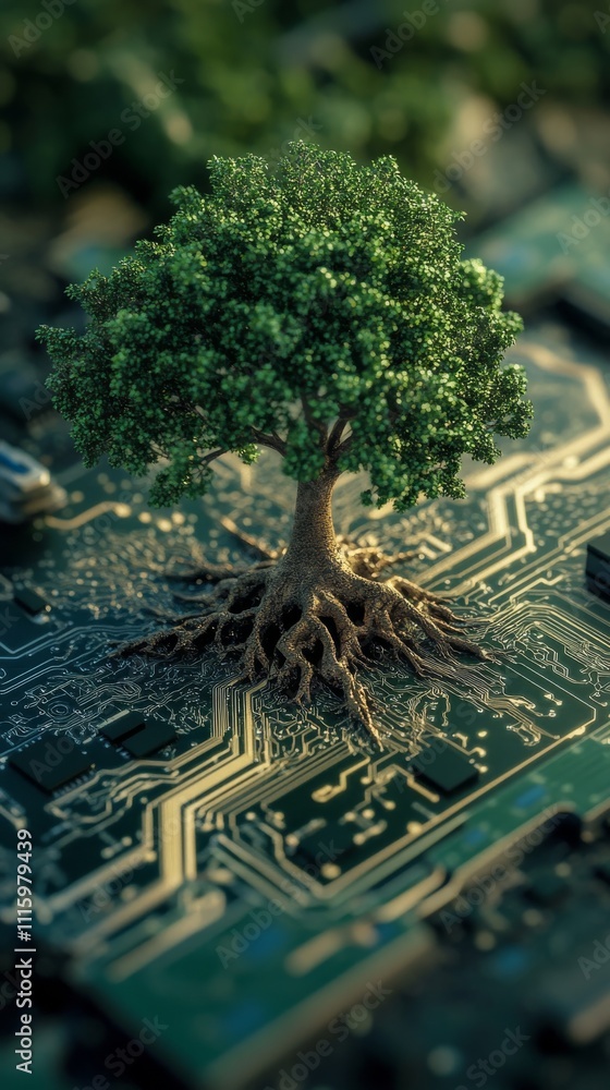 Poster tree growing from a circuit board, nature and technology concept