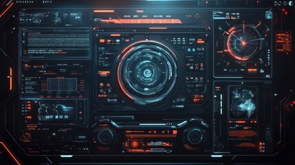 Obraz premium Futuristic digital interface with HUD elements, graphs, and data visualizations.