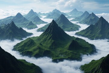 A stunning mountain landscape emerges from a sea of clouds, showcasing sharp peaks and lush greenery under a clear sky.