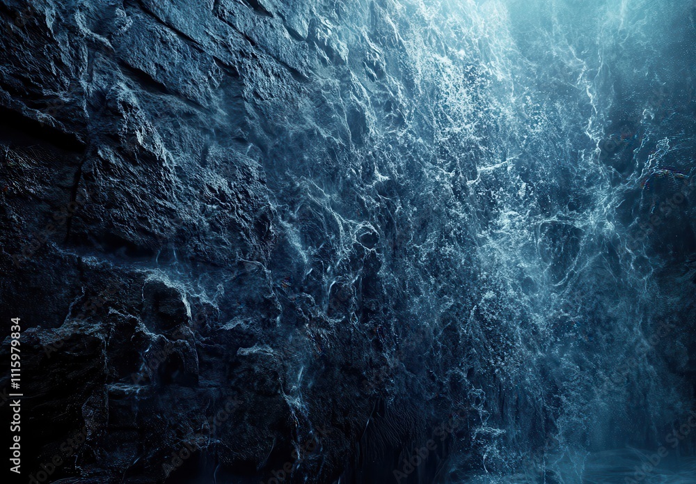 Poster majestic abstract representation of water flowing over a raw stone wall, illuminated by soft light t