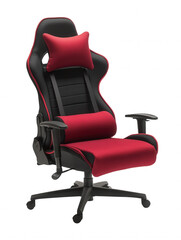 Isolated on a transparent background. Ergonomic black and red gaming chair with adjustable armrests and headrest.