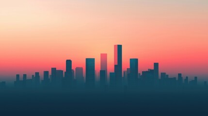 Fototapeta premium A serene skyline silhouette against a vibrant sunset, highlighting modern skyscrapers in soft hues of orange and blue.