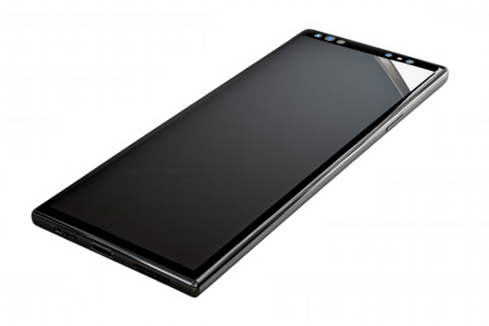 Isolated on a transparent background. Sleek modern smartphone with triple camera and bezel-less display.