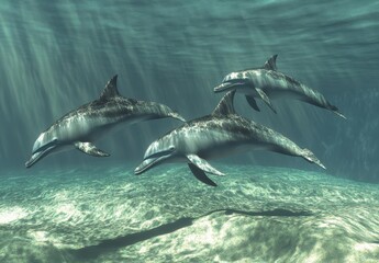 Naklejka premium Majestic Dolphins Swimming Gracefully Underwater in a Sunlit Environment, Capturing the Serenity and Beauty of Marine Life in a Vibrant Ocean Scene