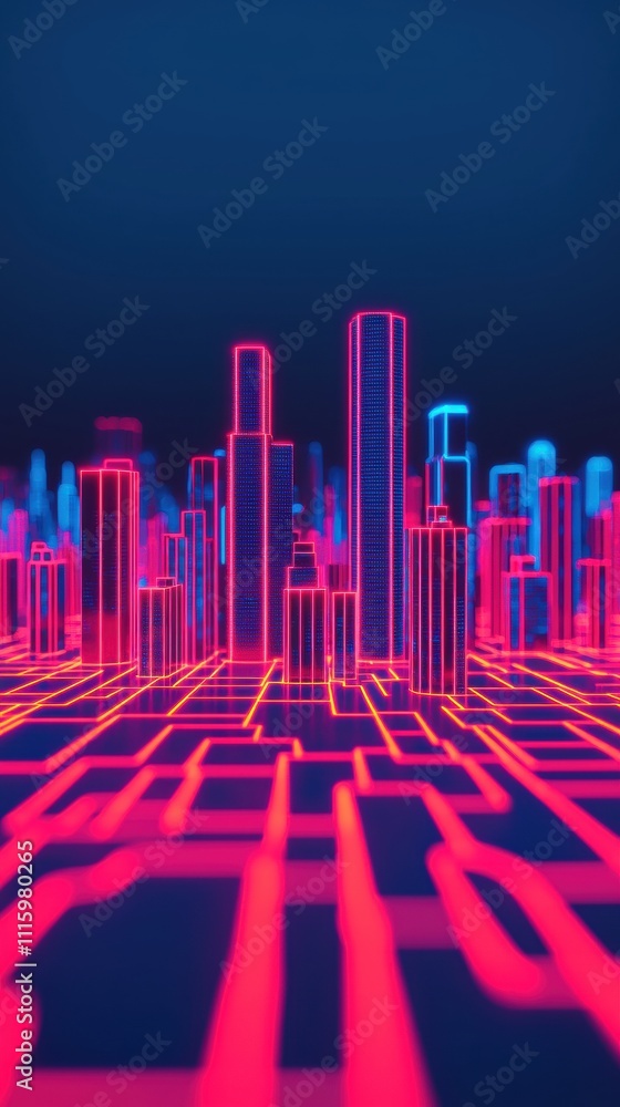 Poster a vibrant, futuristic cityscape with neon lights and grid patterns, showcasing a digital interpretat