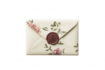 Isolated on a transparent background. Elegant floral envelope with wax seal and rose design.
