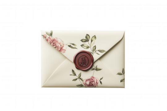 Isolated on a transparent background. Elegant floral envelope with wax seal and rose design.