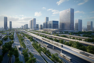 Fototapeta premium Modern Cityscape with Elevated Transit System