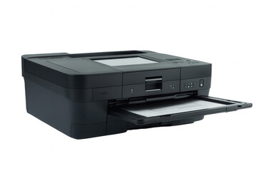 Isolated on a transparent background. Black multifunction laser printer with open paper tray and digital display.