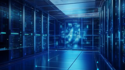 Modern server room with glass walls and blue lights. Big data technology concept. 