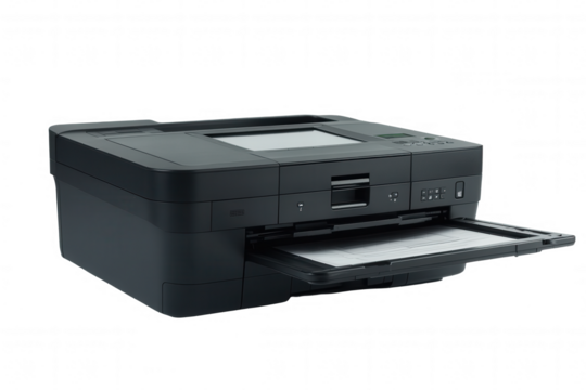 Isolated on a transparent background. Black multifunction laser printer with open paper tray and digital display.