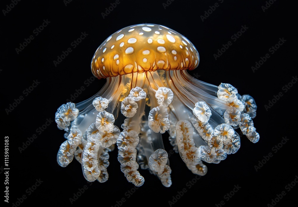 Poster majestic jellyfish illuminated in dark waters with vibrant patterns and graceful tentacles creating 