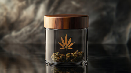 Elegant Glass Cannabis Jar with Wooden Lid and Gold Leaf Design on a Moody Background
