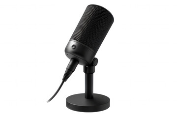 Isolated on a transparent background. Black studio microphone on stand with wired connection.