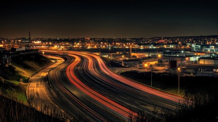 Night highway light trails over city.