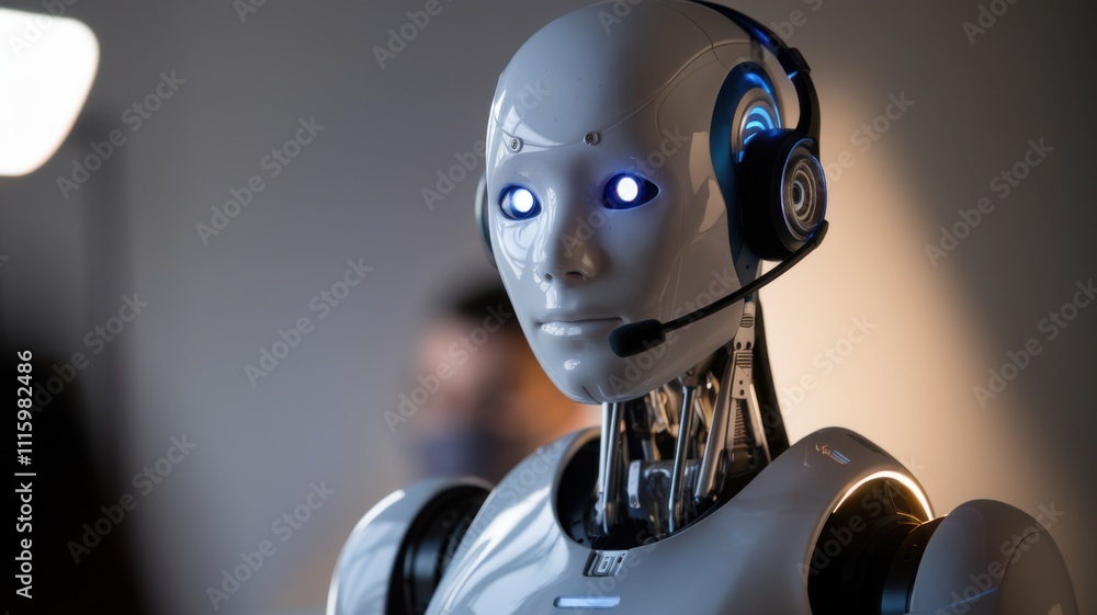 Poster a humanoid robot with a headset, designed for communication and interaction.