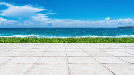 Fototapeta premium Ocean View Patio Summer Beach Scene Coastal Paving Grass Calm Sea
