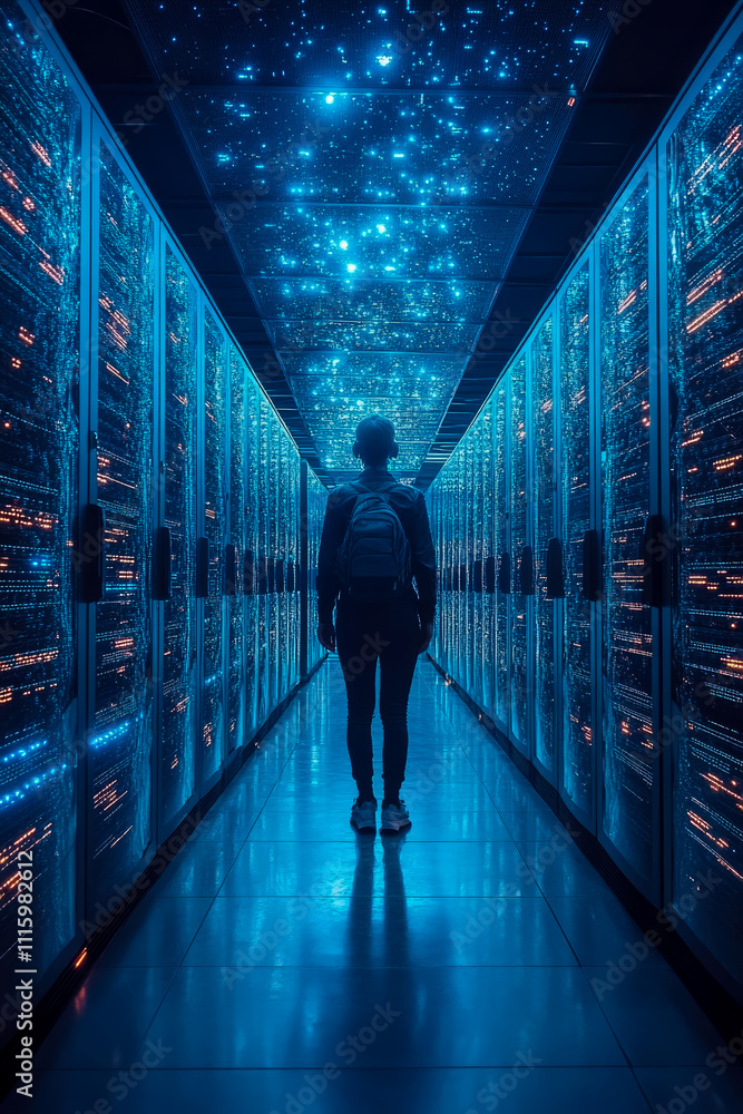 Poster a person stands at the end of a corridor filled with glowing server racks while an illuminated ceili
