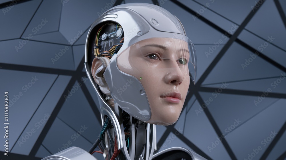 Aufkleber a futuristic robot with a human-like face and visible internal components.