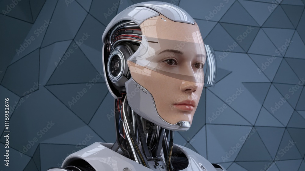 Aufkleber a futuristic humanoid robot with a sleek design and expressive features.