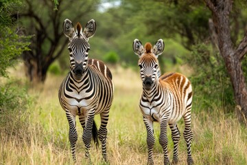 Naklejka premium Zebras are African equines with distinctive black-and-white striped coats. Beautiful simple AI generated image