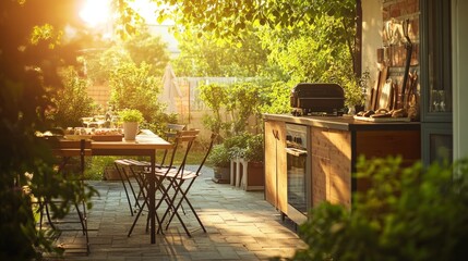 A stylish home kitchen interior featuring a modern cooking cabinet, open layout, and a cozy dining table set on the outdoor patio under soft sunlight