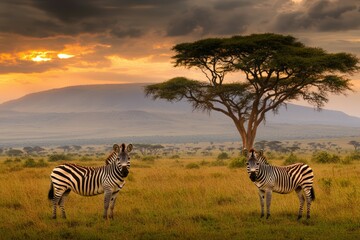 Obraz premium Burchell's zebras grooming, Hluhluwe Game Reserve, Kwazulu-Natal, South Africa. Beautiful simple AI generated image