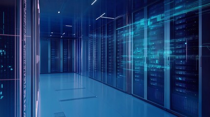 Digital hologram of  server room with data flow, the background is dark blue and white, data flowing between the equipment in a glass cube.