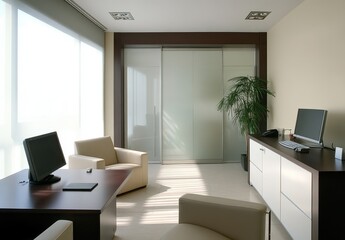 Fototapeta premium Modern and Minimalistic Office Interior with Sleek Design Elements, Natural Light, Soft Furnishings, and Green Plant Enhancing the Workspace Ambiance
