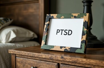 A white card with a black inscription PTSD in a camouflage photo frame stands on the chest of drawers. Man's bedroom interior. Mental disorder after military service