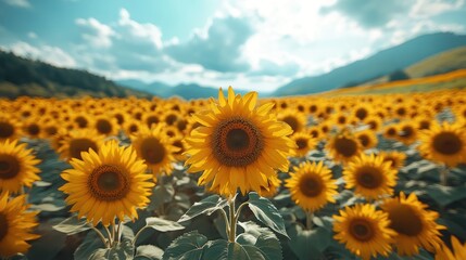 Obraz premium Vibrant sunflowers in a vast field against a mountainous backdrop.
