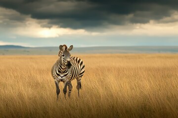 Obraz premium Zebras are African equines with distinctive black-and-white striped coats. Beautiful simple AI generated image