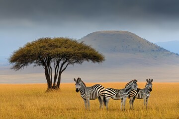 Obraz premium Burchell's zebras grooming, Hluhluwe Game Reserve, Kwazulu-Natal, South Africa. Beautiful simple AI generated image