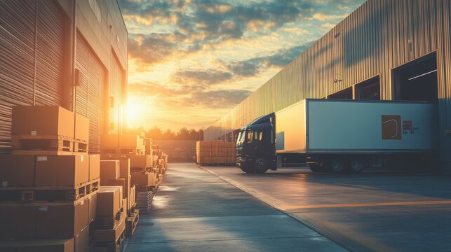 Delivery truck at warehouse loading ramp with stacked boxes