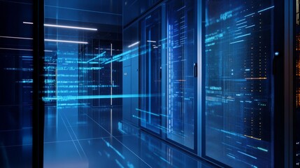 Digital hologram of  server room with data flow, the background is dark blue and white, data flowing between the equipment in a glass cube.