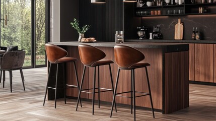 Modern kitchen island with brown leather bar stools.