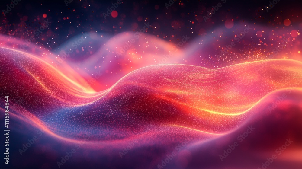 Poster soft gradients merge and disperse background creating flowing motif symbolizes journey release and e