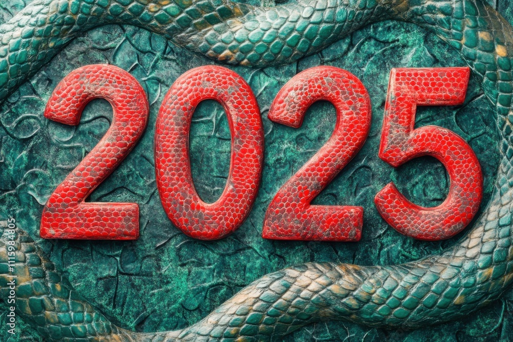 Poster 2025, digital artwork with snake skin background, red numbers and close up of snake on green texture