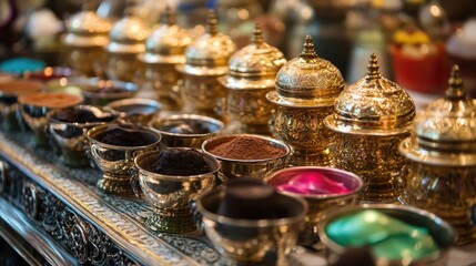 Fototapeta premium A collection of ornate containers filled with colorful powders and substances for various uses.