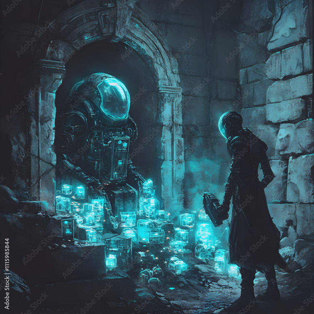 Poster ai automaton unlocking secrets in a gothic underworld futuristic ruins digital artwork mysterious se