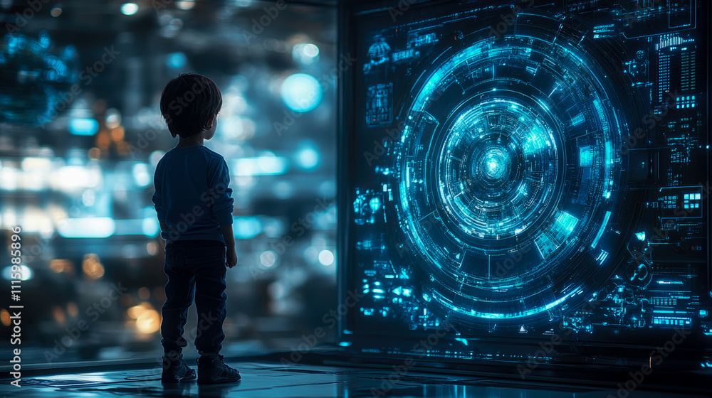 Poster a young child observes a vibrant digital display showcasing intricate patterns and data in an intera