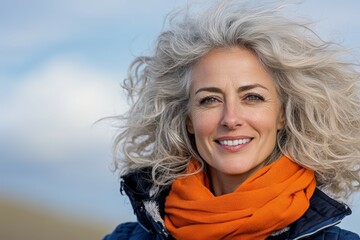 Naklejka premium Stunning portrait of a smiling blonde woman in a white t-shirt looking camera.. Beautiful simple AI generated image