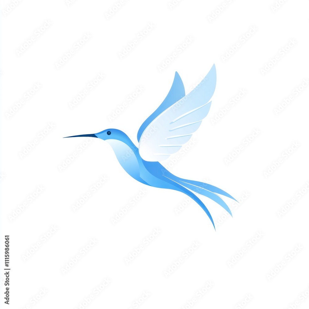 Poster here's a description and keywords for your image.. abstract blue hummingbird in flight, minimalist d