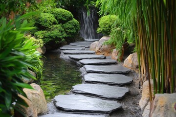 Obraz premium Serene stone pathway winding through a japanese garden a tranquil nature escape captured in lush greenery and water features for ultimate relaxation