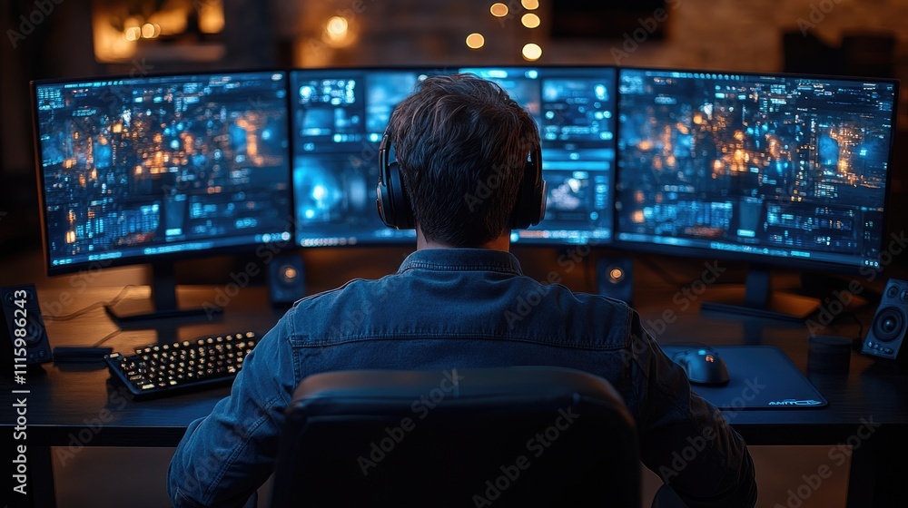 Poster a dedicated gamer focuses on multiple monitors filled with vibrant graphics and data, showcasing int