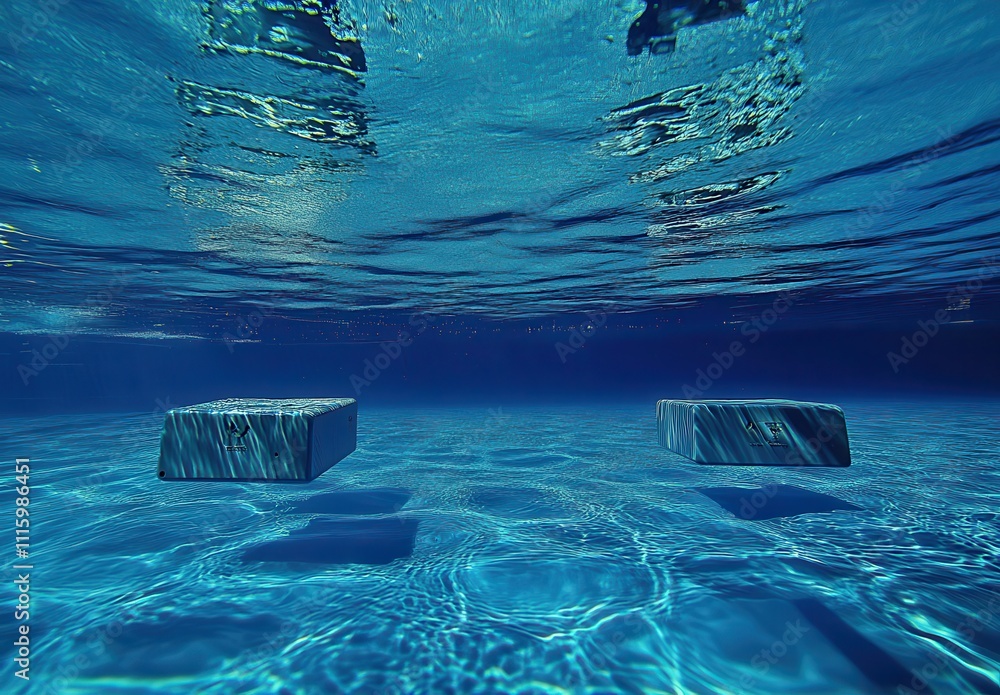 Poster serene underwater scene featuring floating rectangular blocks in a clear blue pool water with gentle