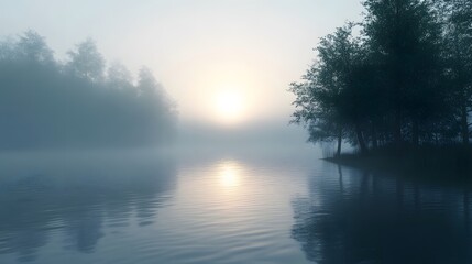 Fototapeta premium Misty Sunrise Over Still River.